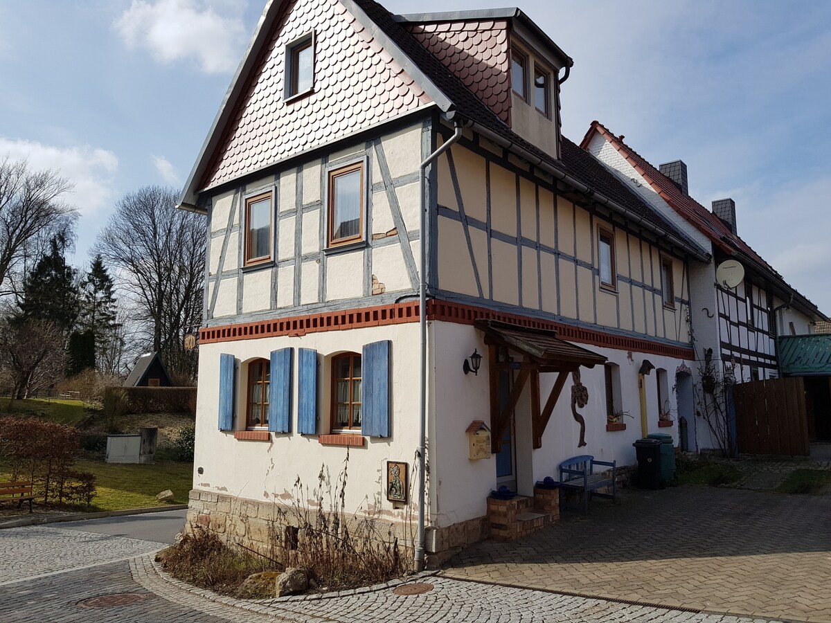 A charming half-timbered house is set in a peaceful neighborhood. The exterior features blue window shutters and a welcoming entryway with decorative details. Surrounding greenery and a cobblestone path create a serene atmosphere, while the house's facade highlights its historical architecture.