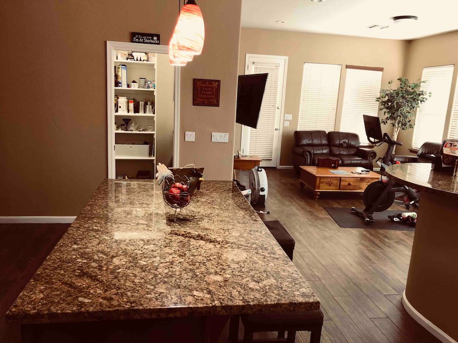 Kitchen area with Gas Stove to cook, Refrigerator to store your food, Coffee Bar, Pantry to store items, Pots/Pans, Plates, Silverware