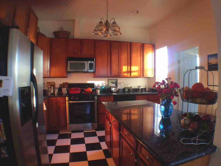 Well stocked kitchen with French Press, Nutri Bullet, SubZero refridgerator, cooking and baking appliances