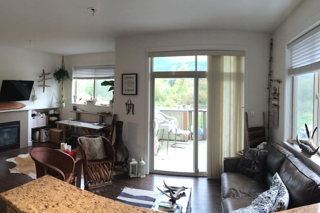kitchen counter up front, seating area, and patio