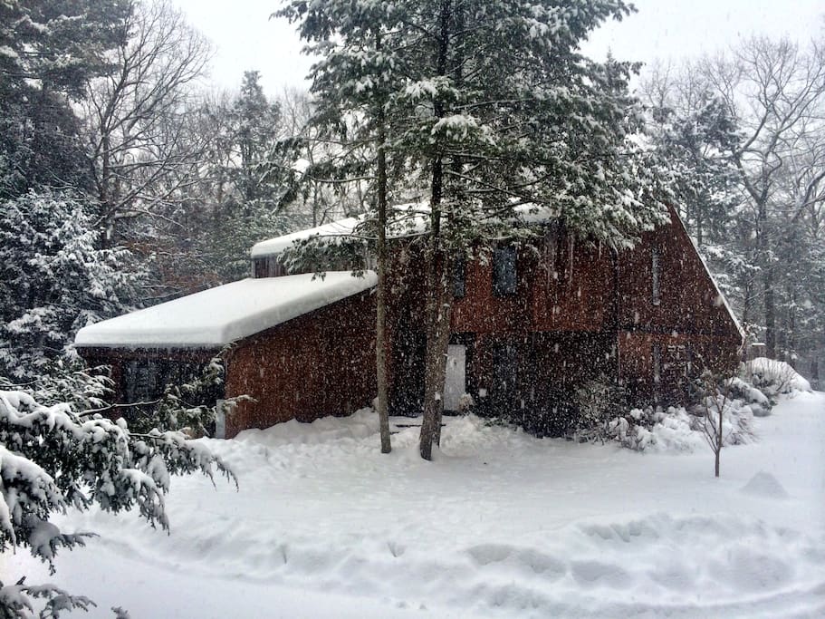 A view of the house from the front following a fresh covering of snow.