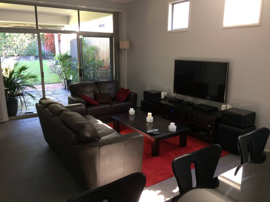 Big screen TV with leather couches
