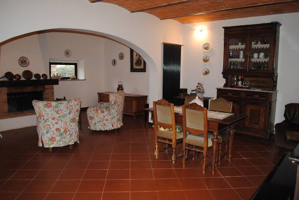 down : family room and fireplace