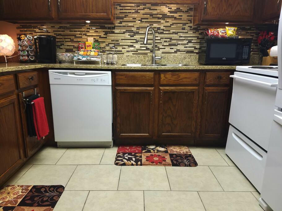 Our kitchen is fully stocked with everything you need to feel right at home.