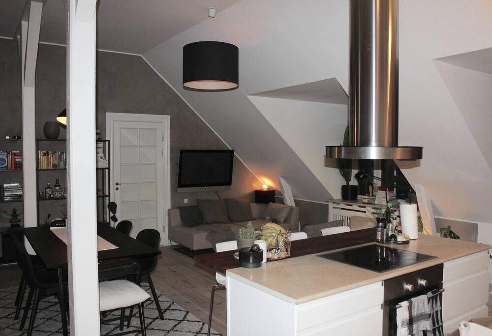 Living room, dining room and kitchen