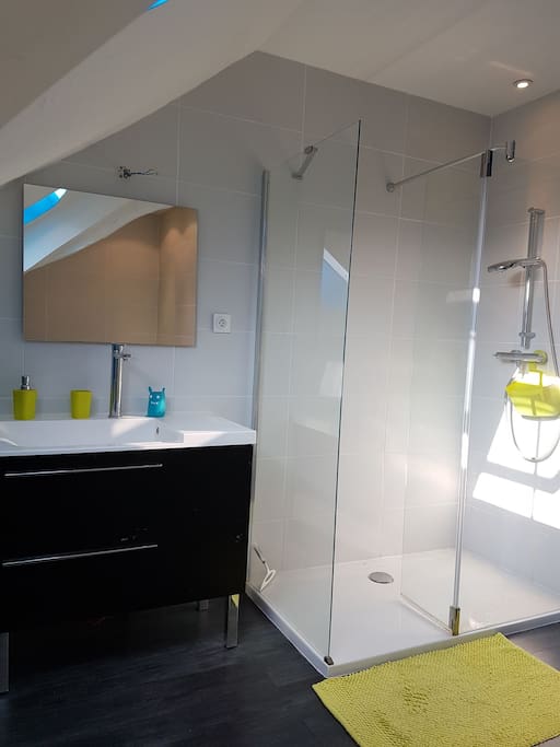 Salle de bain avec lavabo, douche et baignoire