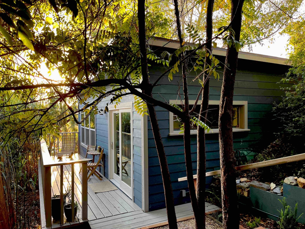 The exterior of a guest house is framed by trees, with sunlight filtering through the branches. A wooden deck provides outdoor seating space, while large sliding glass doors reflect the surrounding greenery. The house displays a calming blue exterior, blending nicely with the natural setting.