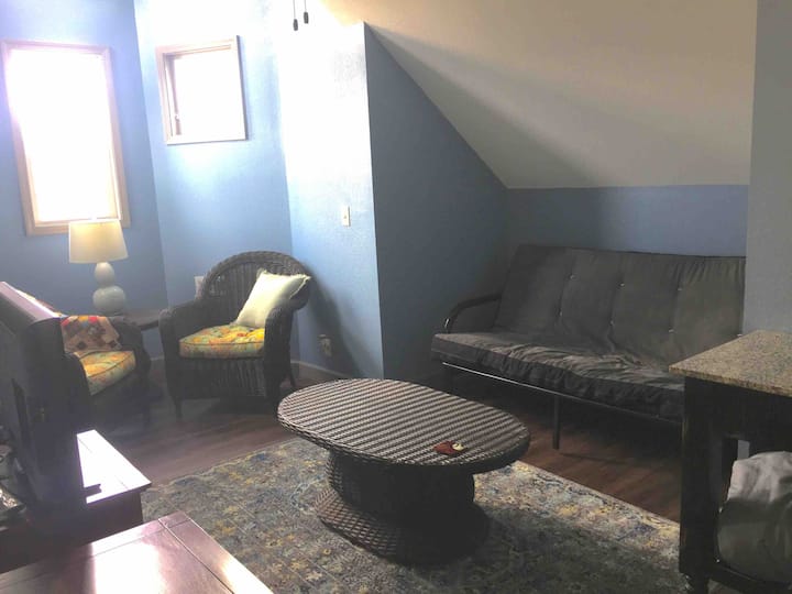 This upstairs sitting area offers a futon for additional sleeping as well as reading nook and a television with dvd player and several family friendly dvds.