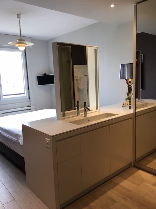 bathroom area of the bedroom, drawers, washbasin, wardrobe, shower ensuite