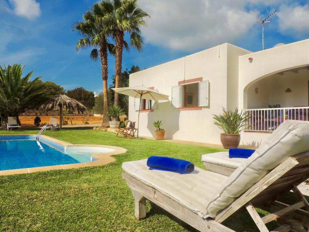 A sun-soaked outdoor area showcases a refreshing pool surrounded by well-manicured grass. Two loungers with blue towels are positioned nearby, under the shade of a large umbrella. Palm trees and other plants add a touch of greenery to the serene environment.