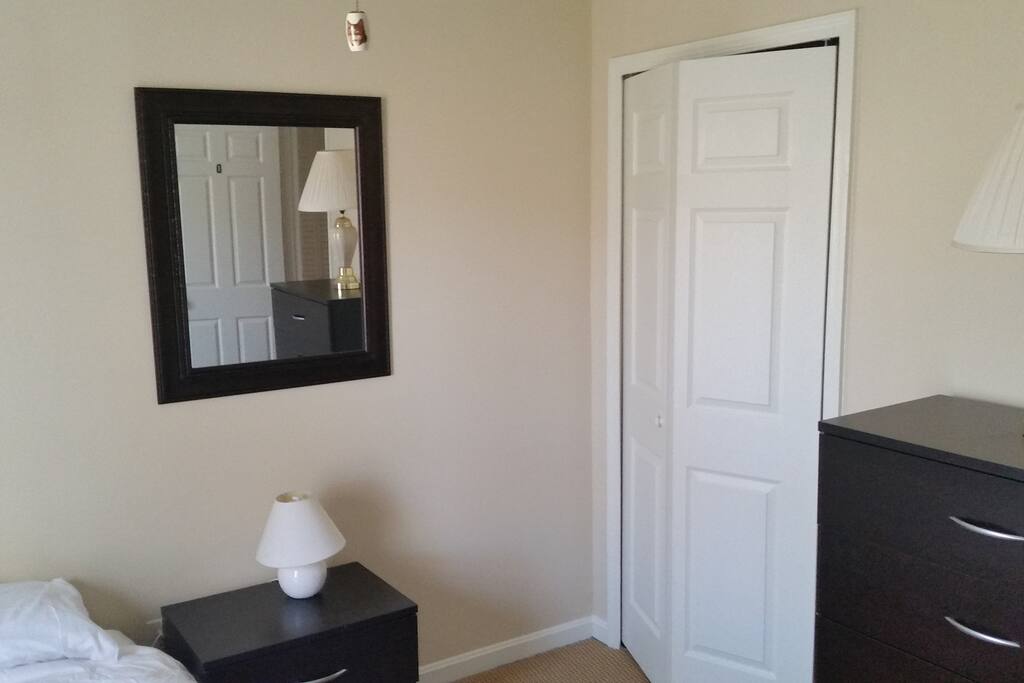 Closet plus 5 drawer chest. Nightstand with light ready for reading.