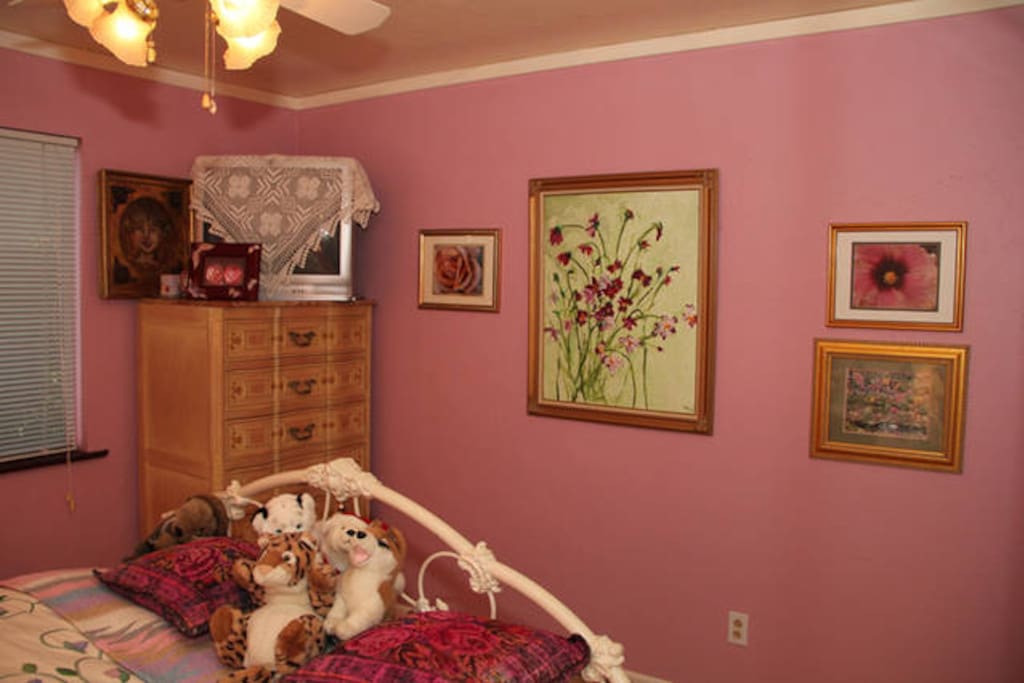 View of art work from bed