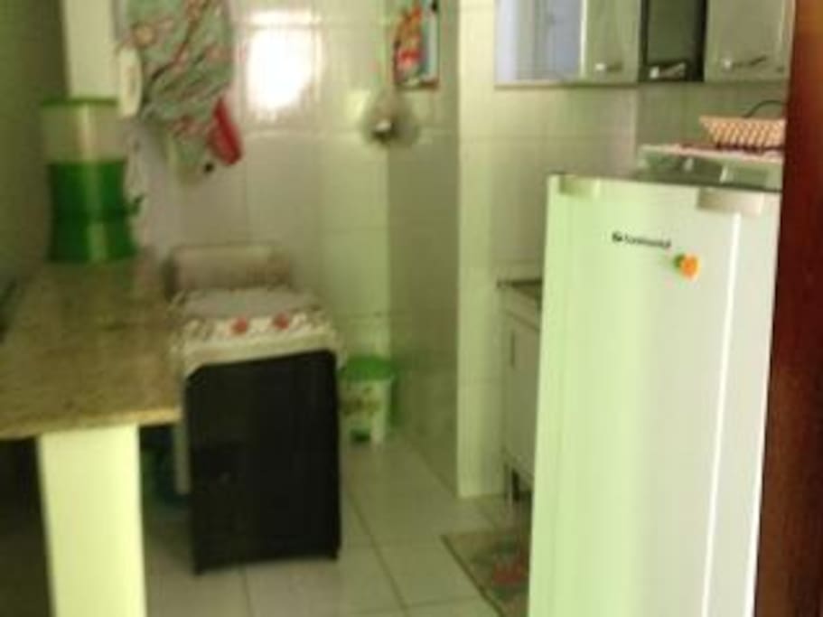 cozinha americana com fogão, tanque, maq. de lavar, geladeira microondas e armários.