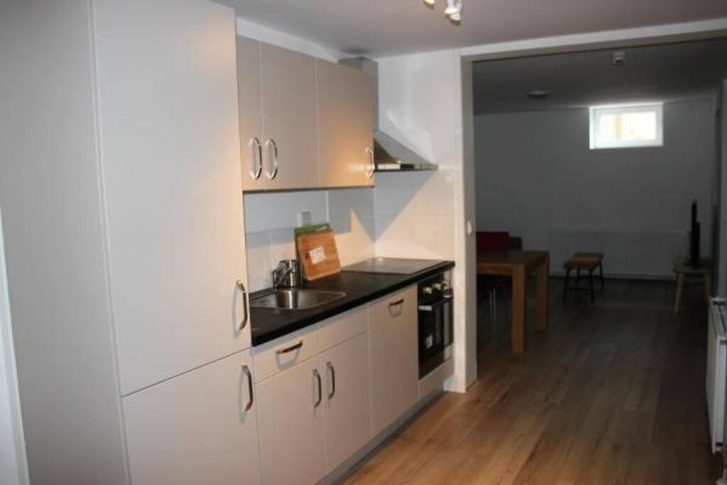 Kitchen including oven and fridge