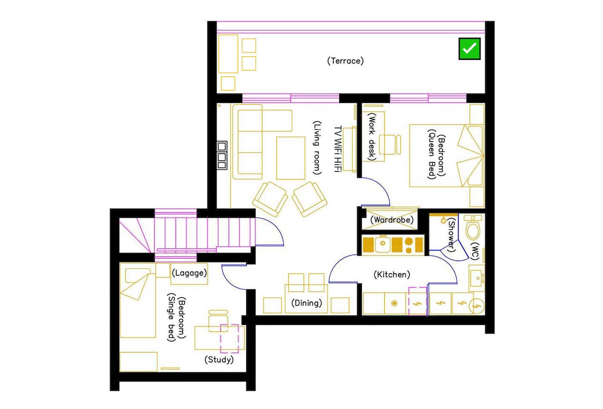 The floor plan illustrates the layout of a luxurious apartment, featuring designated areas for a living room, dining room, kitchen, study, and a terrace. Spatial relationships between rooms are shown, along with key features such as a wardrobe, luggage area, and laundry facilities.