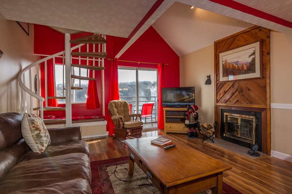 Living Room,Full Sleeper Sofa,Real Woodburning Fireplace,43 IN Smart TV