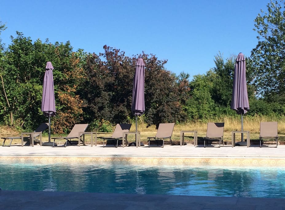 Large heated pool with pool alarm, large patio and plenty of sun loungers. Set in private 3 acre garden.
