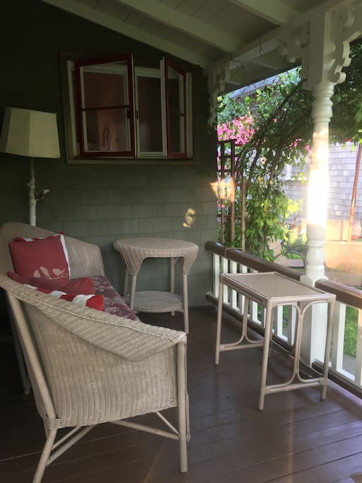 A favorite spot on the porch. Soft lights make it especially nice in the evenings.