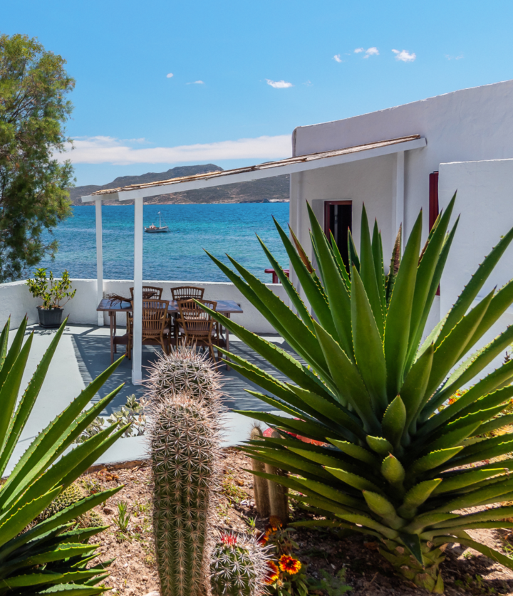 The perfect contrast between deep sapphire blue waters and smooth snow-white structures in Milos. This seaside getaway in Agios Konstantinos is more of a visual treat than a physical retreat.