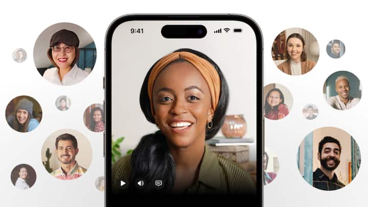 A phone shows the profile of a smiling Superhost in the Airbnb app. The white background behind the phone is filled with circular profile photos of other Superhosts.