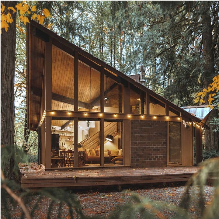 A pitched-roof modern cabin nestled amongst tall evergreens.