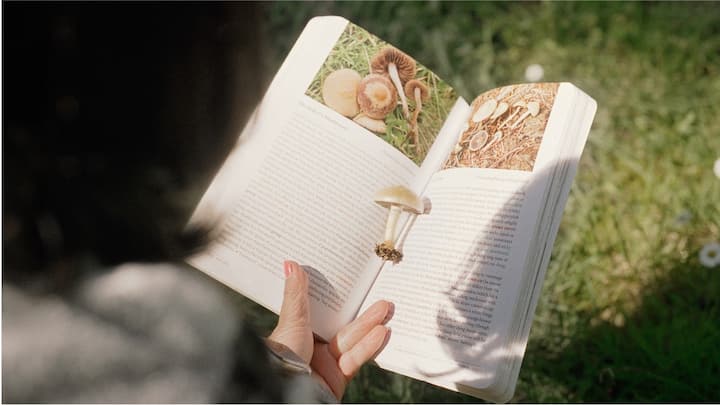 A woman consults a mushroom book while foraging.