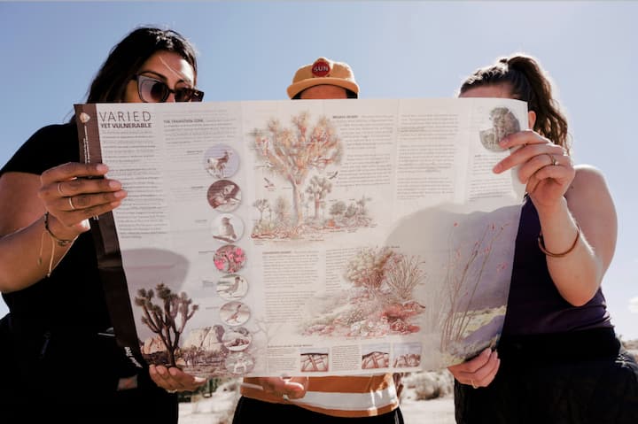 Three people looking at a Joshua Tree National Park map. 