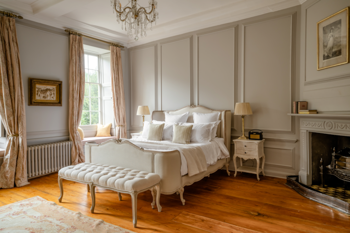 A luxurious bedroom with a creamy color palette. It features a queen bed with a lot of fluffy pillows, an a matching throw blanket. At the foot of the bed is a tufted stool. Above the bed is a chandelier. To the right of the bed is a fireplace.