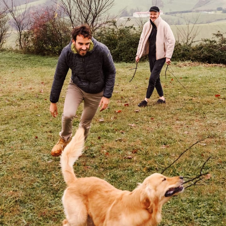 Two men chase a golden retriever happily playing with some sticks.  