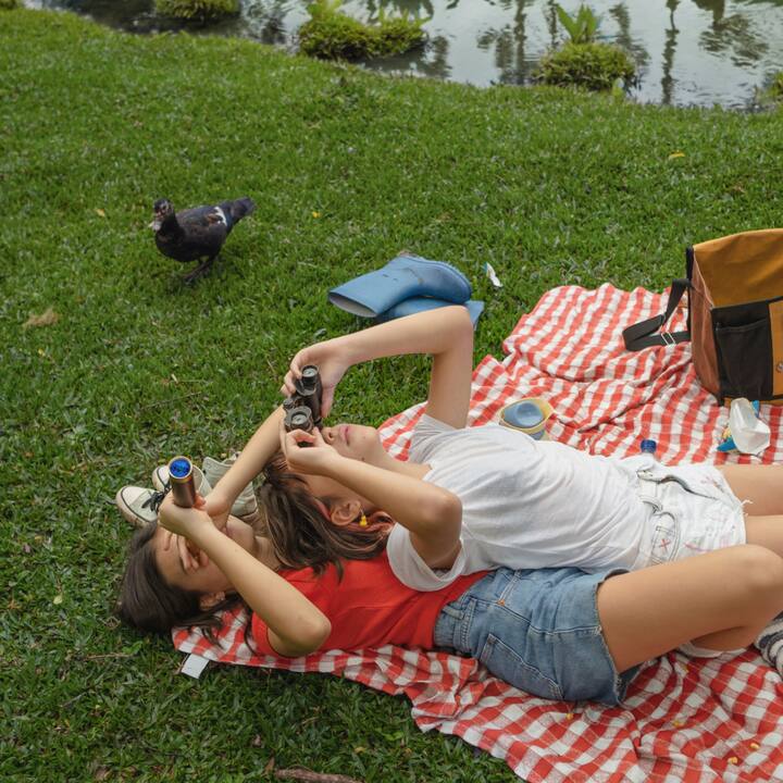 Two children at a picnic look up at the sky through binoculars. 