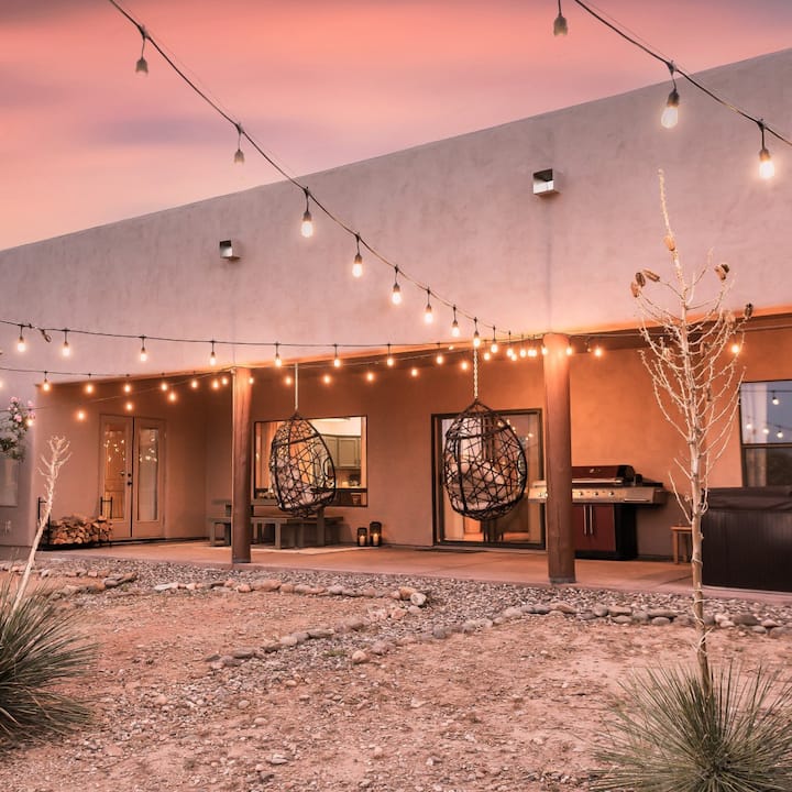 String lights over a patio create the perfect outdoor vibes at dusk. 