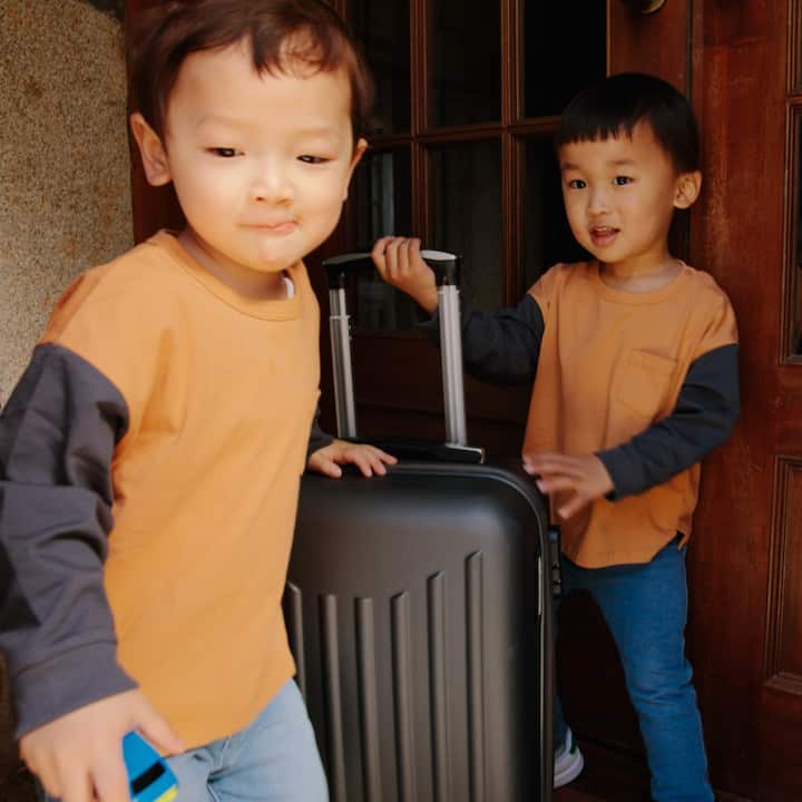 Two young boys play with a roller suitcase.