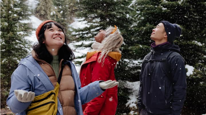 Three friends enjoying a first snowfall.