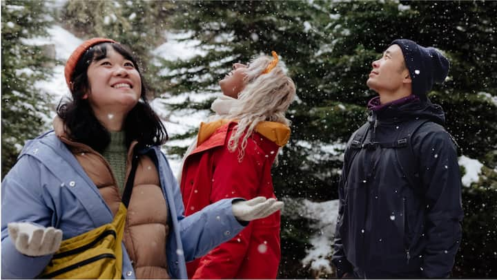 Three friends enjoying a first snowfall.