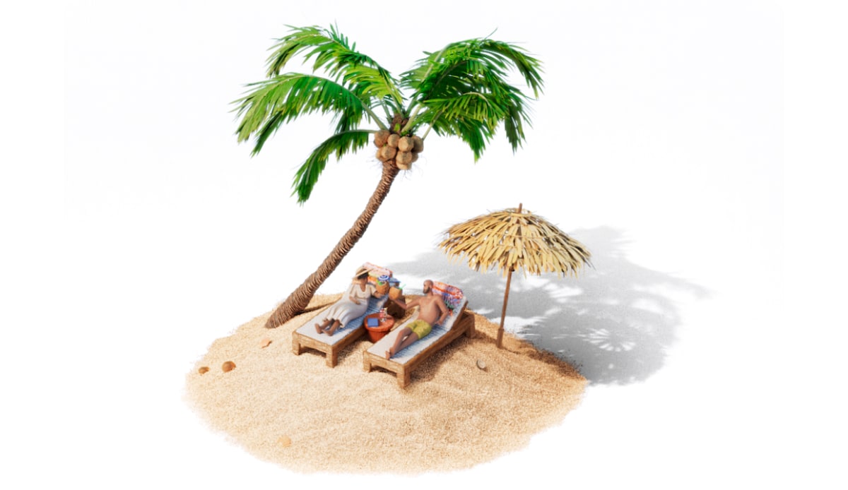 An illustration of a man and woman in a tropical location. They’re reclined in lounge chairs beneath a large coconut tree, where they’re toasting with their coconut drinks.