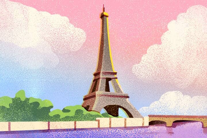 Ilustración de la Torre Eiffel de París, Francia, al atardecer.