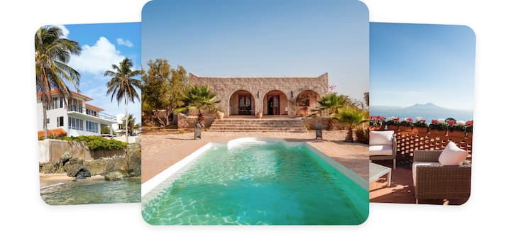 Tres imágenes de preciosos alojamientos soleados junto al agua. La primera es de una casa encalada con un tejado de terracota naranja en una amplia playa. La segunda muestra un alojamiento de estilo mediterráneo en un entorno desértico con piscina en el jardín. En la última, aparece una azotea de color ámbar quemado con vistas a una extensa costa.