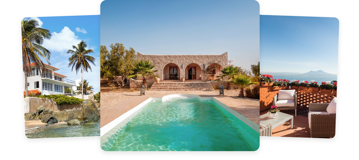A three-card snapshot of beautifully sunny homes near the water. The first image is of a white-washed home with an orange terracotta roof on an expansive beach. The second is a Mediterranean style home in a desert environment with a backyard pool. And the final image of a burnt-amber rooftop terrace overlooking a sprawling seaside coast below.