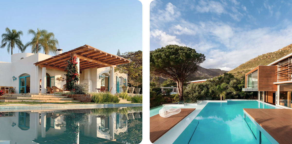 Two images of Airbnb homes with pools aligned side by side. The first image is of a gorgeous, white-washed home in some semi-tropical environment. A wooden overhang shades the patio area in front of the home’s modern pool. The second image is of a modern home. Brown wood beams and white-washed exteriors overlook a sprawling pool with sharp angles, perfect for laps.
