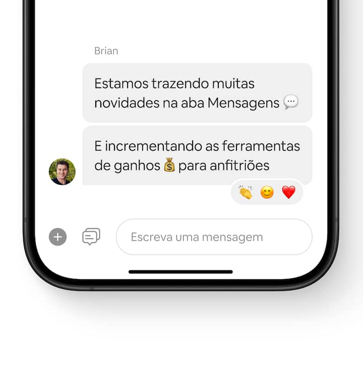 O aplicativo do Airbnb mostra a nova aba Mensagens com o filtro "Todas" selecionado, seguido pelos filtros "Hospedagem" e "Não lidas".