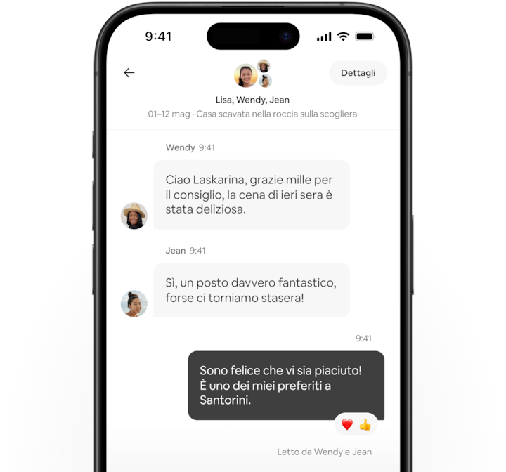 L'app di Airbnb mostra una conversazione tra due ospiti e un host su quanto i primi abbiano apprezzato il consiglio sul ristorante.