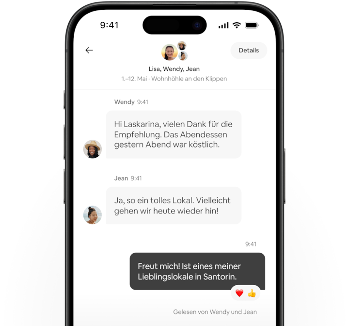 Die Airbnb-App zeigt ein Gespräch zwischen zwei Gästen und der Person, die sie empfängt, darüber, wie sehr sie die Restaurantempfehlung geschätzt haben.