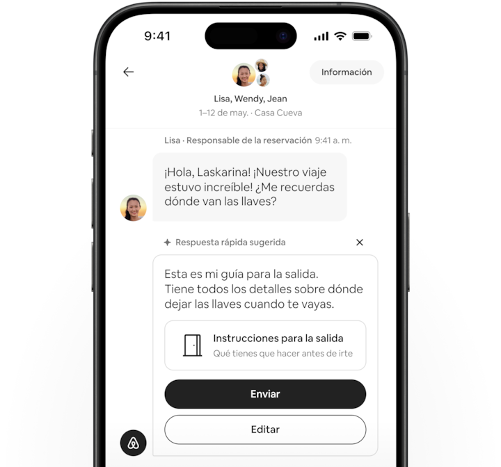 La app de Airbnb muestra una conversación entre un responsable de reservaciones y un anfitrión con una respuesta rápida sugerida que incluye una guía para la salida adjunta.