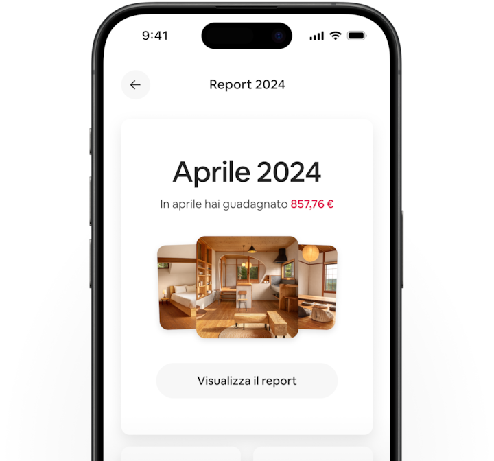 L'app di Airbnb mostra il nuovo centro di segnalazione con informazioni su entrate e prenotazioni per il mese di aprile.