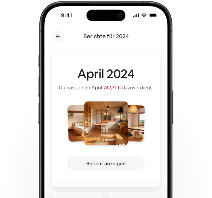 Die Airbnb-App zeigt den neuen zentralen Ort für die Berichterstellung mit Informationen zu Einnahmen und Buchungen für den Monat April.