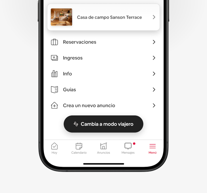 La app de Airbnb muestra un nuevo botón “Cambia a modo huésped” que se toca y abre el modo huésped de la app.