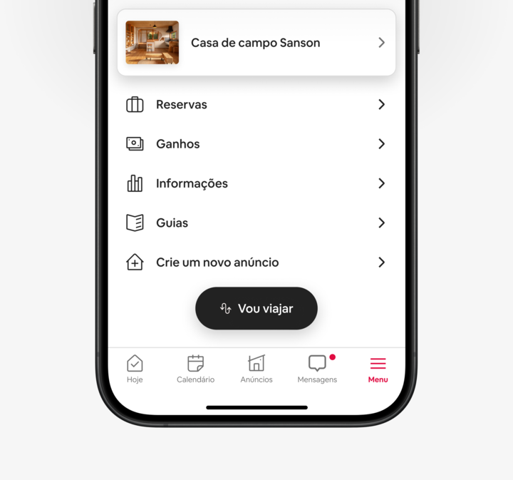 O aplicativo do Airbnb mostra o novo botão "Vou viajar" sendo tocado para abrir a versão de viagem do aplicativo.