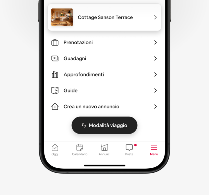 L'app di Airbnb mostra un nuovo pulsante "Modalità viaggio": toccandolo, apri la sezione dell'app dedicata ai viaggi.