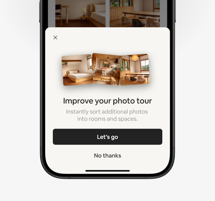 Airbnb app showing the Listings tab with an option to update the photo tour.