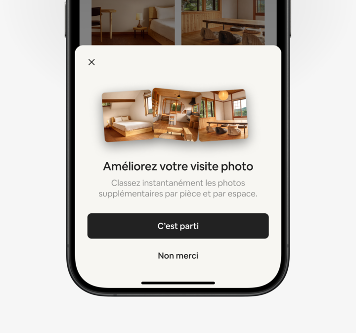 L'application Airbnb affiche la page Annonces où figure une option pour mettre à jour la visite photo.